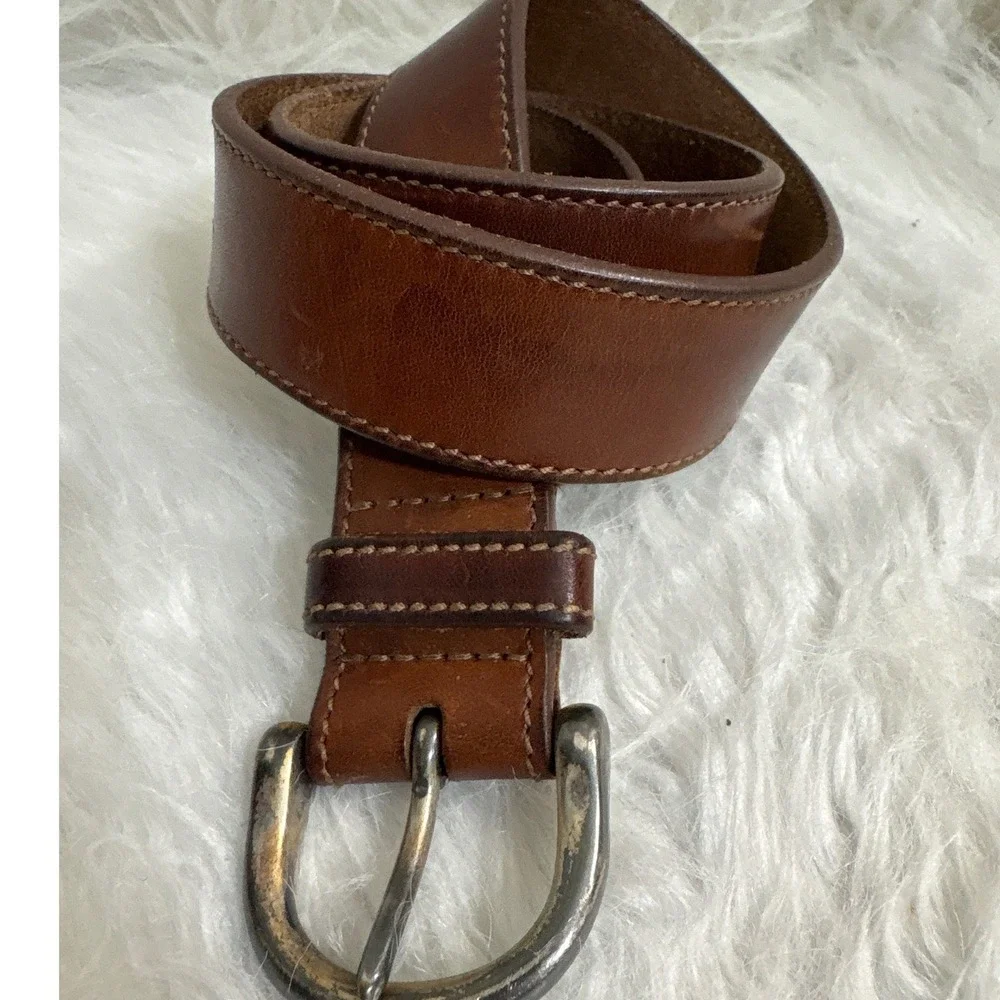 Eddie Bauer Brown Leather Belt Made in USA Rugged Silver Buckle 26-34 Inch